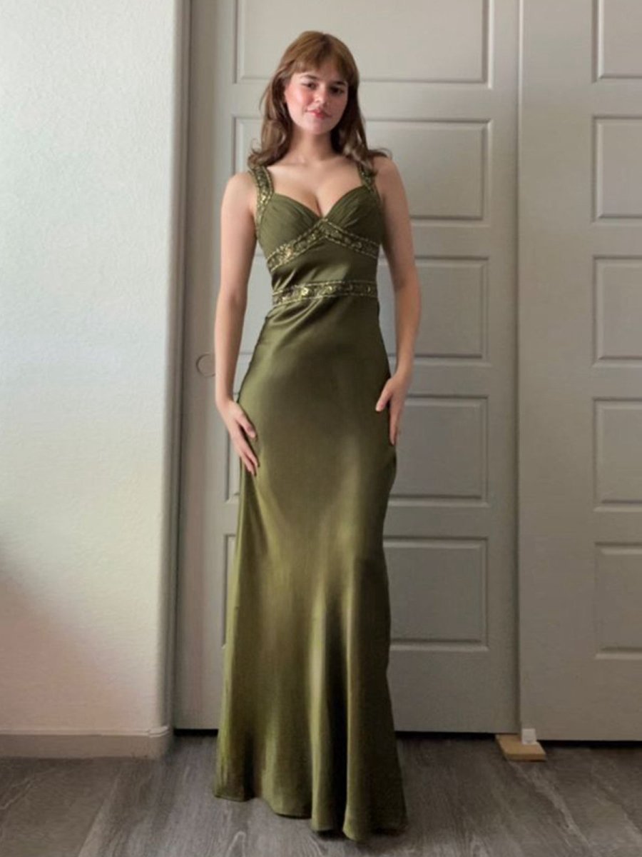 Sheath Satin Beaded Long Prom Dresses