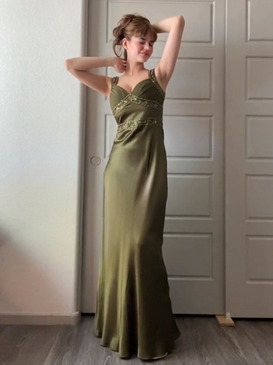 Sheath Satin Beaded Long Prom Dresses