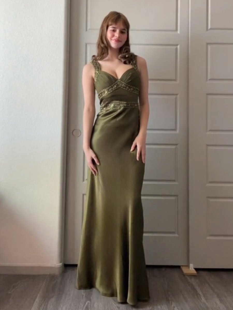 Sheath Satin Beaded Long Prom Dresses