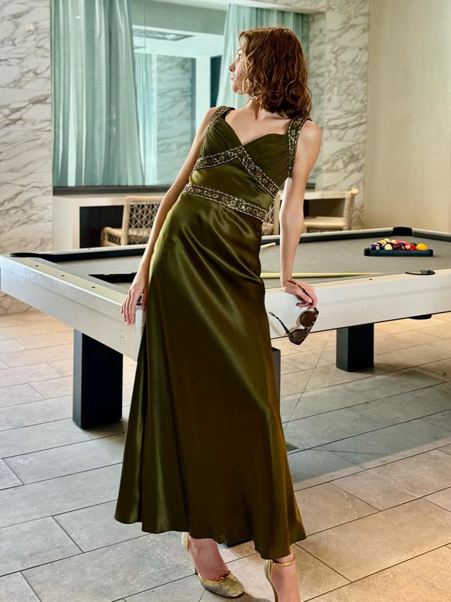 Sheath Satin Beaded Long Prom Dresses