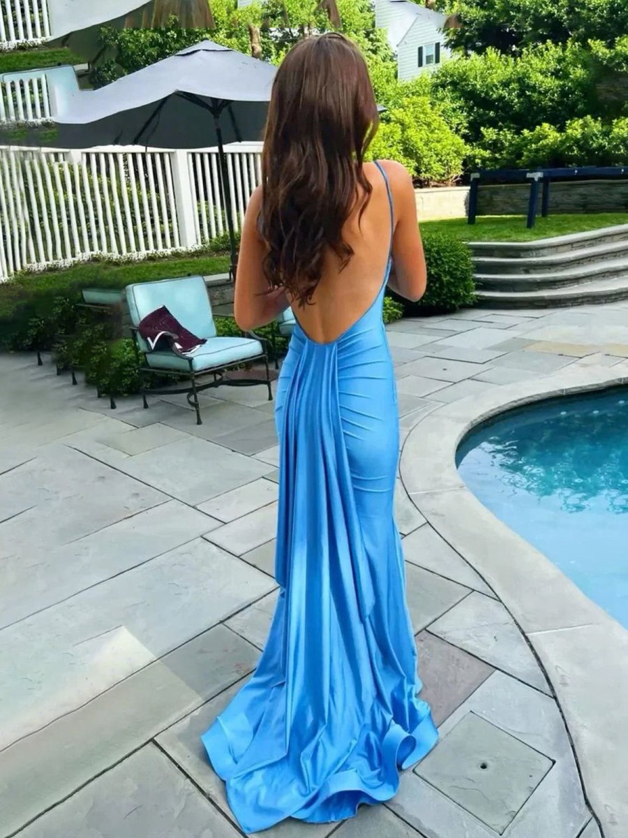 Spaghetti Straps Mermaid Satin Backless Long Prom Dresses