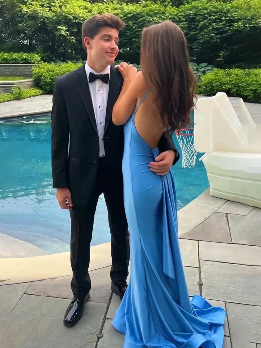 Spaghetti Straps Mermaid Satin Backless Long Prom Dresses