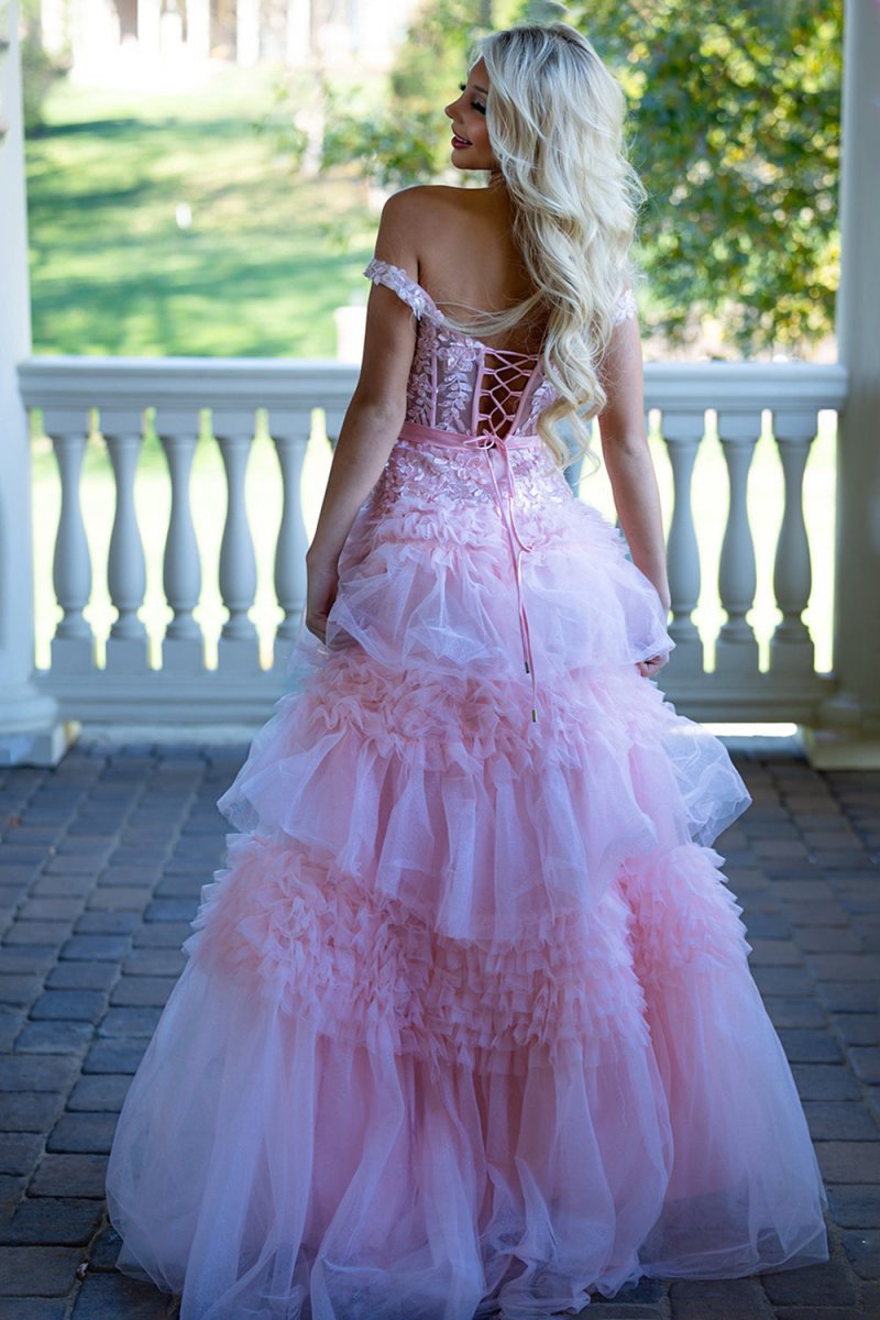 A-line Tulle Ruffles Off the Shoulder Long Prom Dresses with Bow