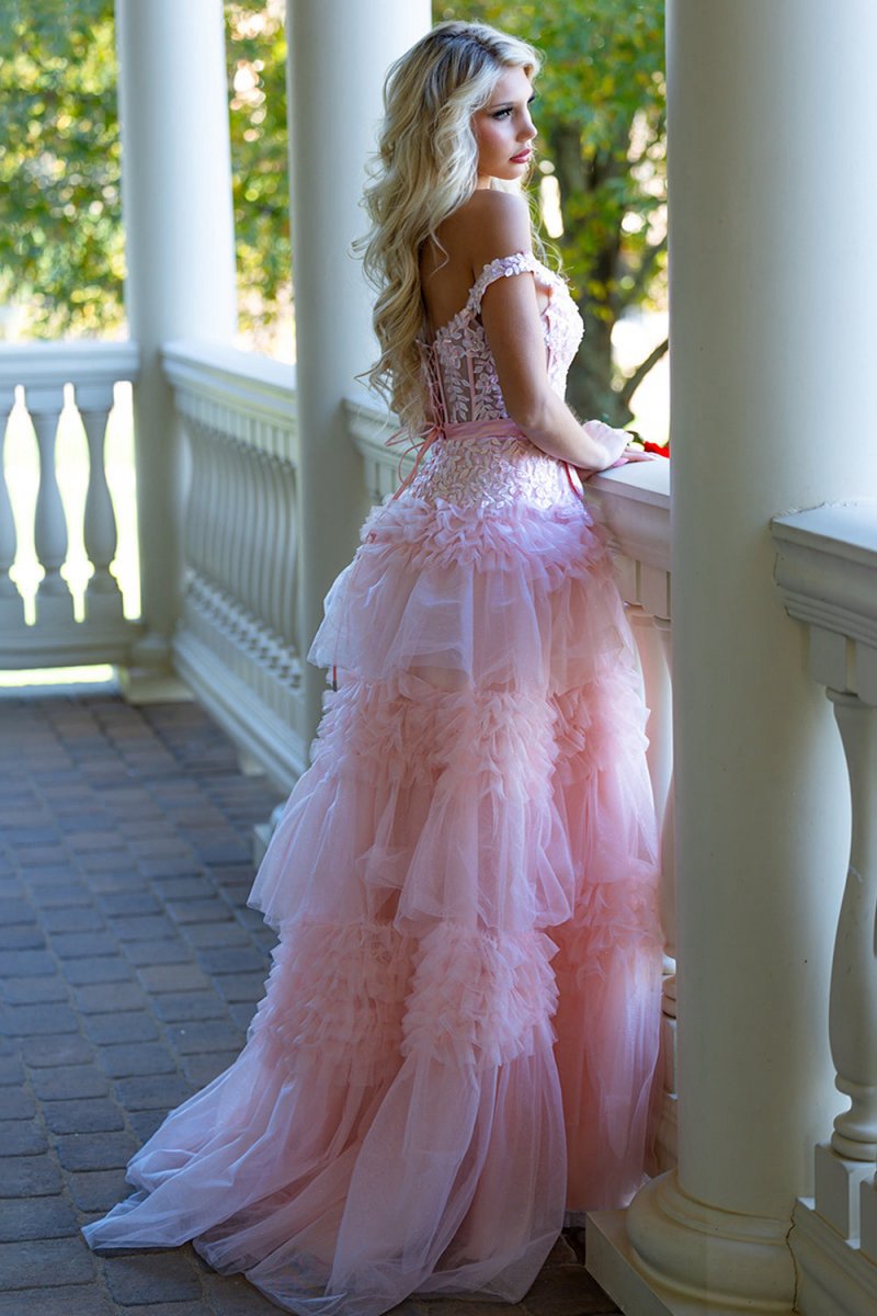 A-line Tulle Ruffles Off the Shoulder Long Prom Dresses with Bow
