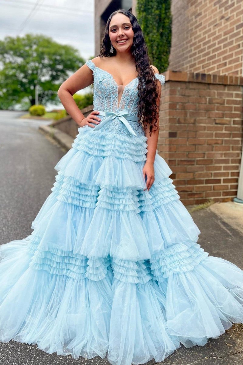 A-line Tulle Ruffles Off the Shoulder Long Prom Dresses with Bow