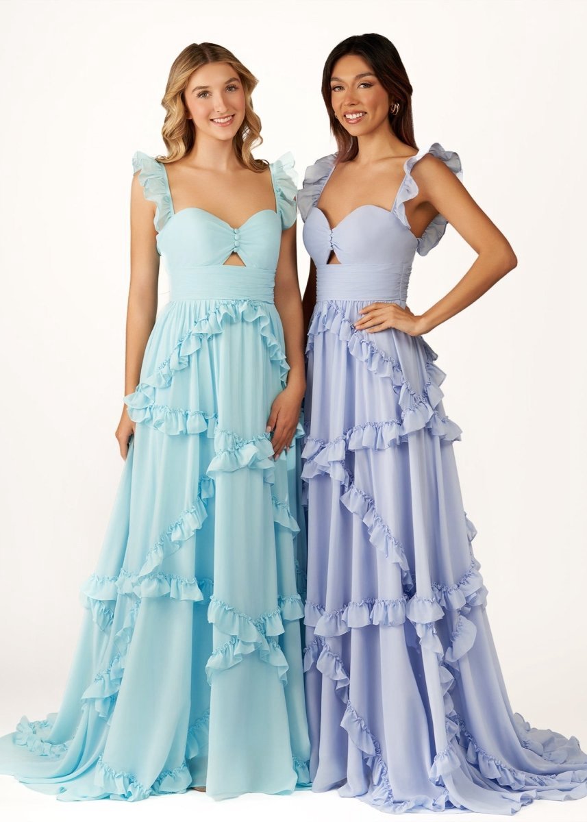 A-line Straps Chiffon Ruffles Long Prom Dresses