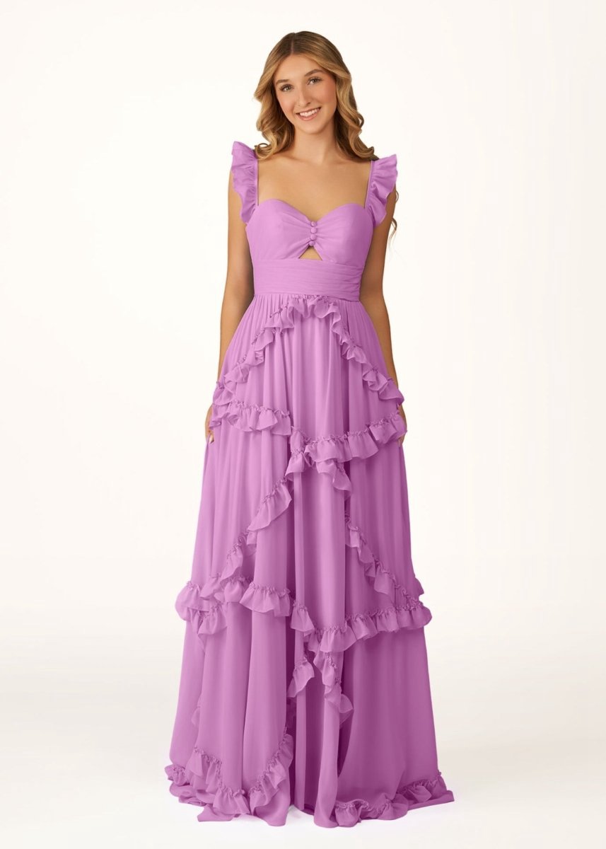 A-line Straps Chiffon Ruffles Long Prom Dresses