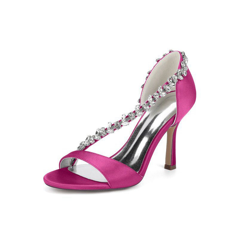 Satin High Heels with Crystal and Chain Embellishments