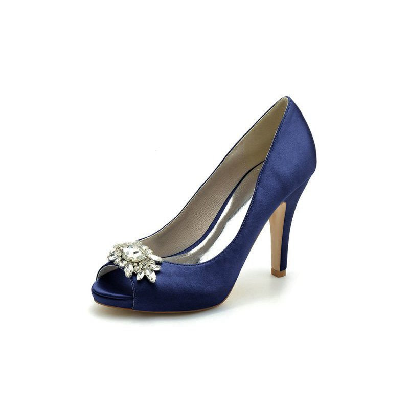 Satin High Heels with Crystal Flower Ornament