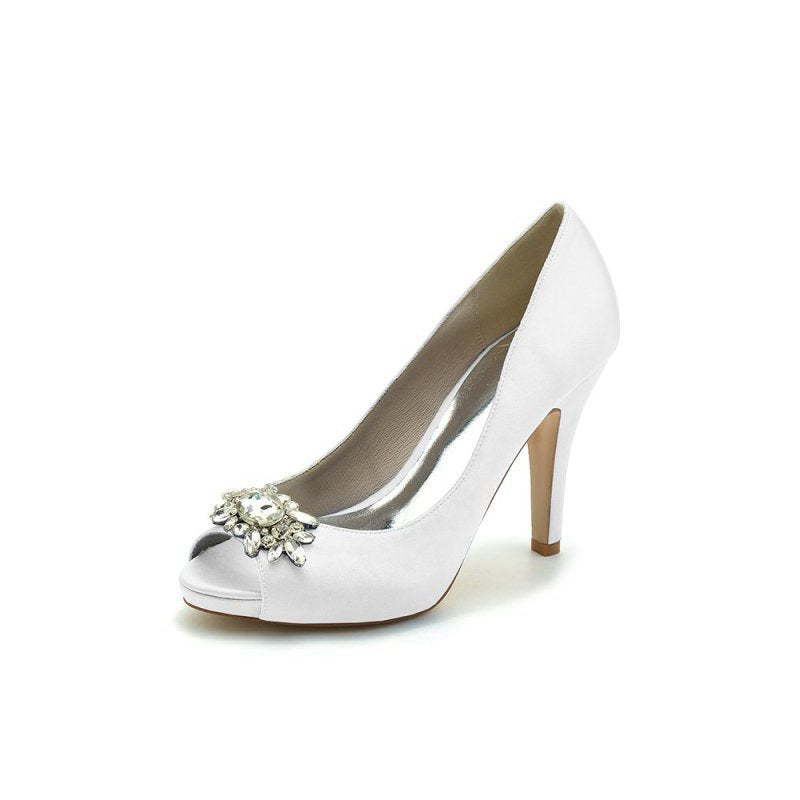 Satin High Heels with Crystal Flower Ornament