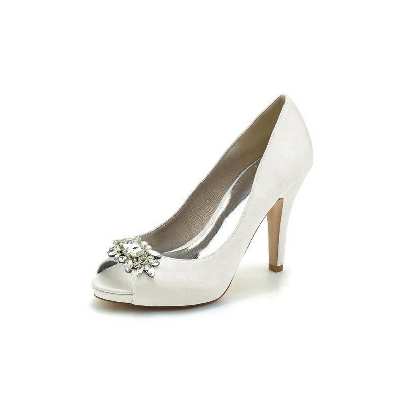 Satin High Heels with Crystal Flower Ornament