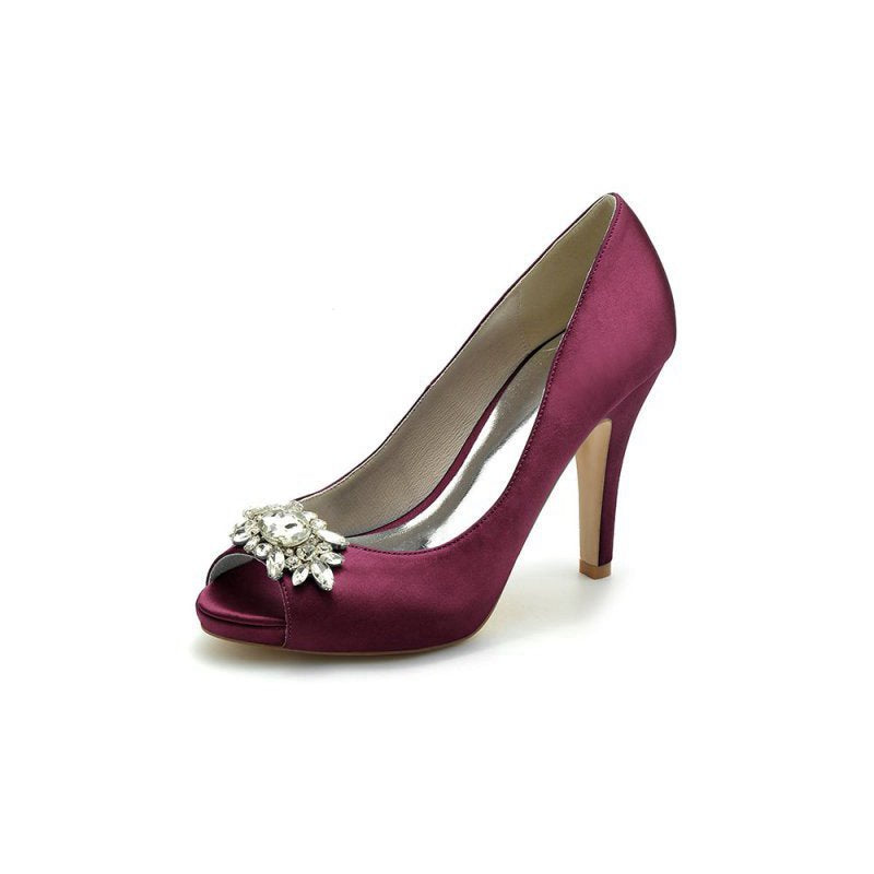 Satin High Heels with Crystal Flower Ornament