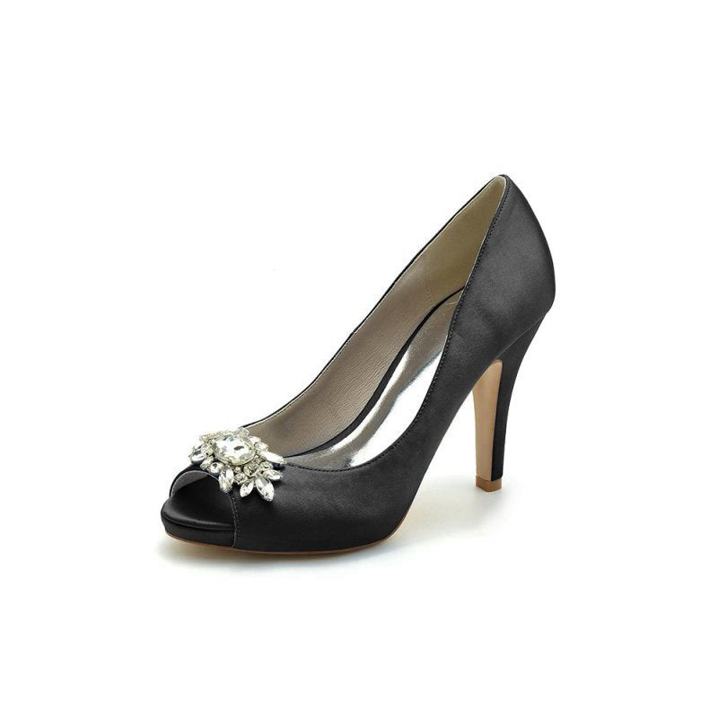 Satin High Heels with Crystal Flower Ornament