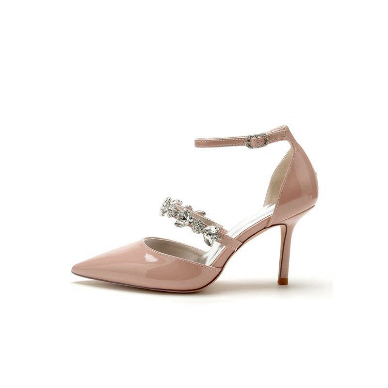 Rhinestone Leather Shoes with Ankle Strap