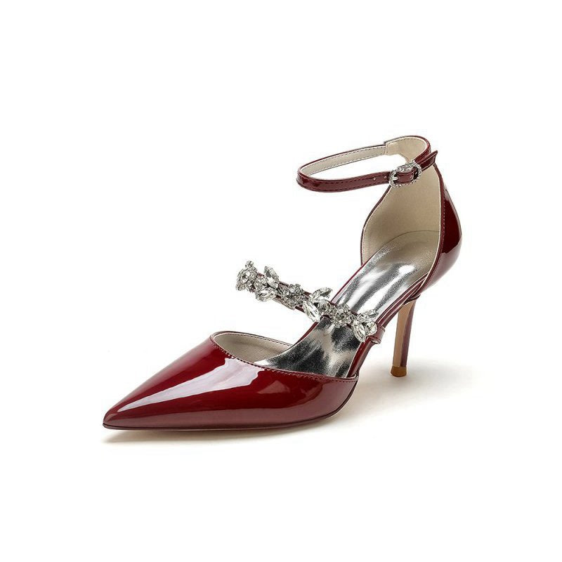Rhinestone Leather Shoes with Ankle Strap