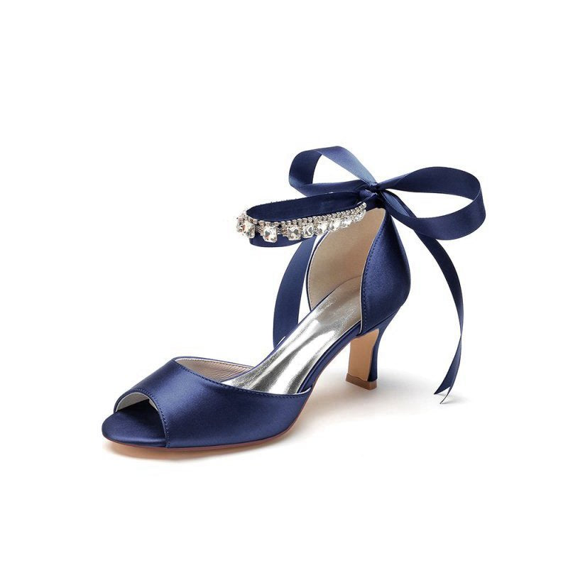 Rhinestone Peep Toe Chunky Heels with Ankle Strap