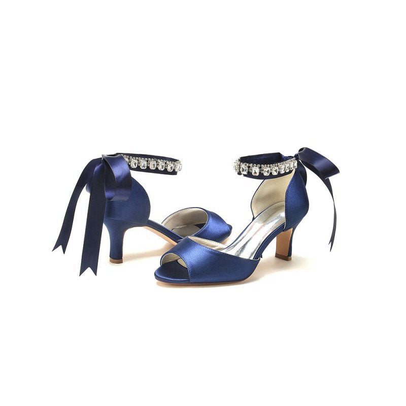 Rhinestone Peep Toe Chunky Heels with Ankle Strap