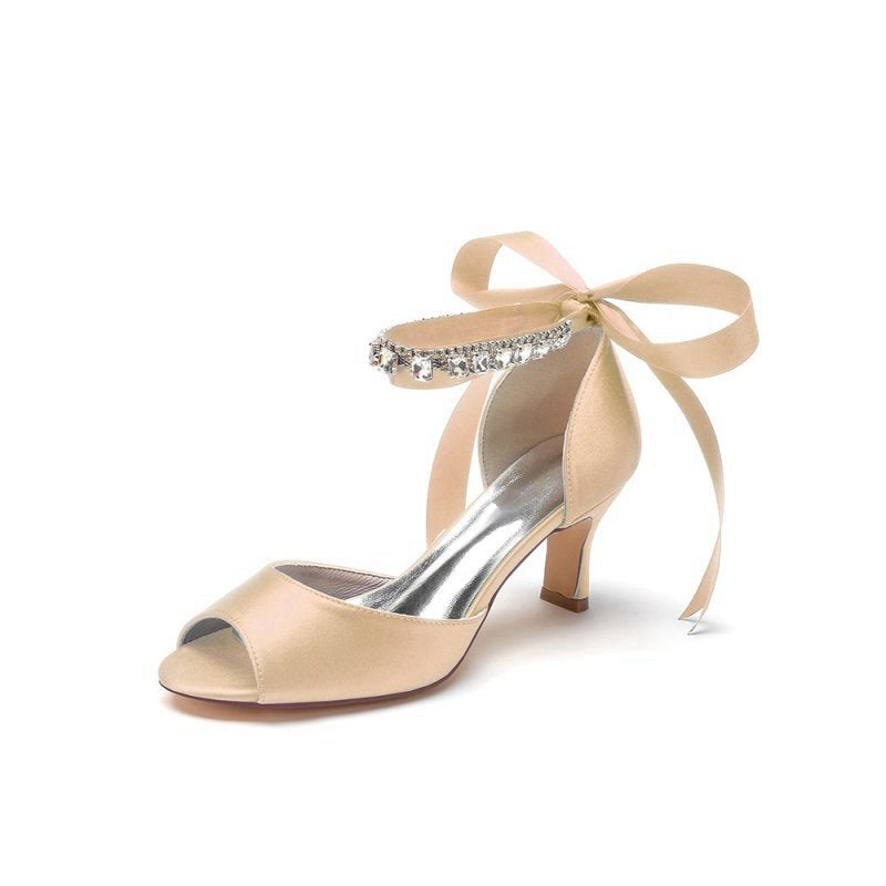 Rhinestone Peep Toe Chunky Heels with Ankle Strap
