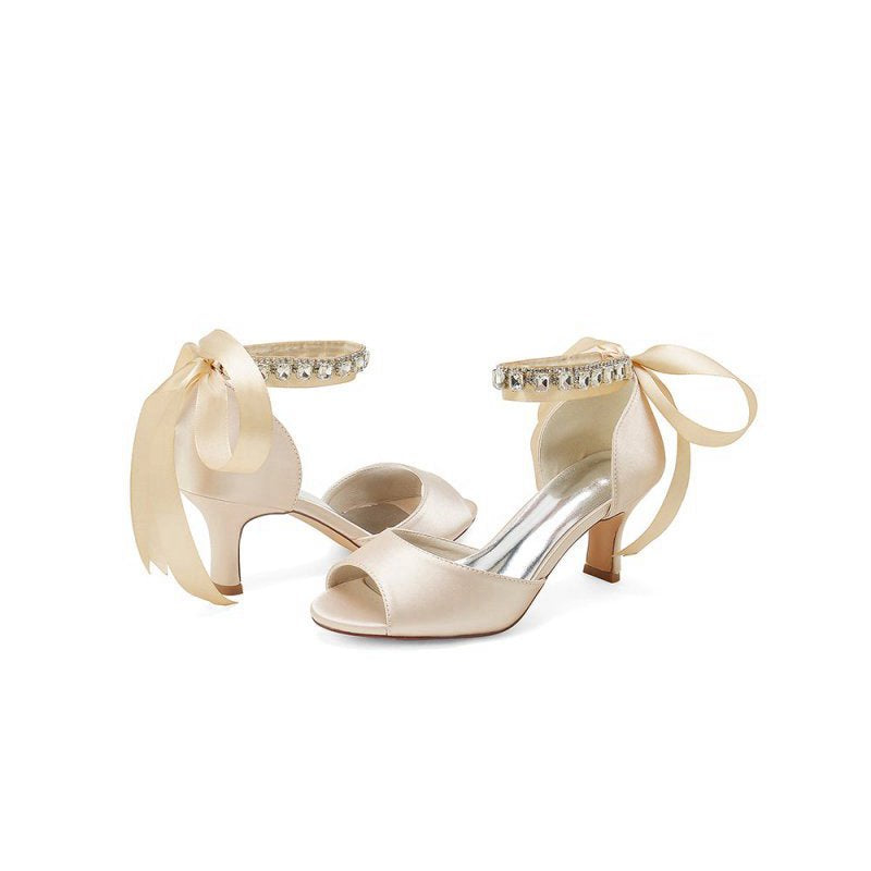 Rhinestone Peep Toe Chunky Heels with Ankle Strap