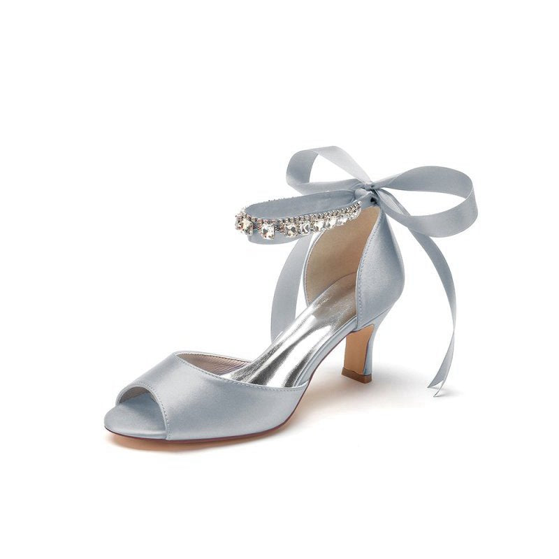 Rhinestone Peep Toe Chunky Heels with Ankle Strap