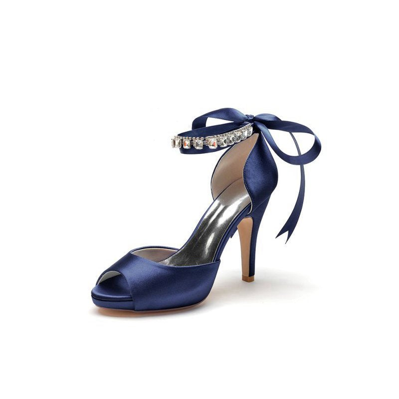 Peep Toe Stiletto Heels with Ankle Rhinestone Strap