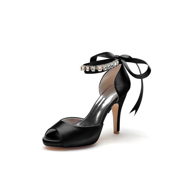 Peep Toe Stiletto Heels with Ankle Rhinestone Strap
