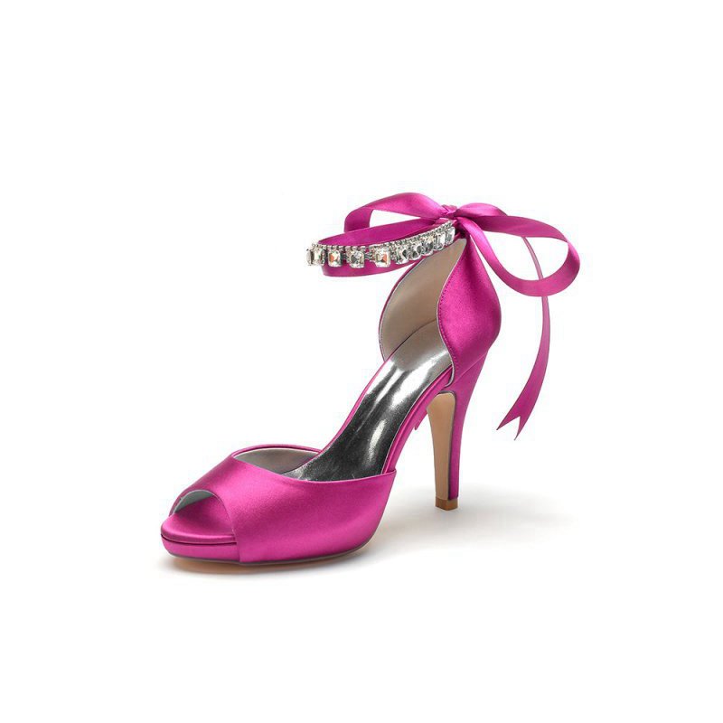 Peep Toe Stiletto Heels with Ankle Rhinestone Strap