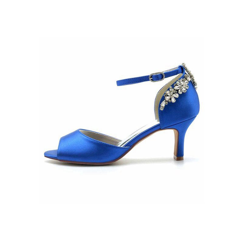 Satin Ankle Strap Rhinestone Chunky Heels