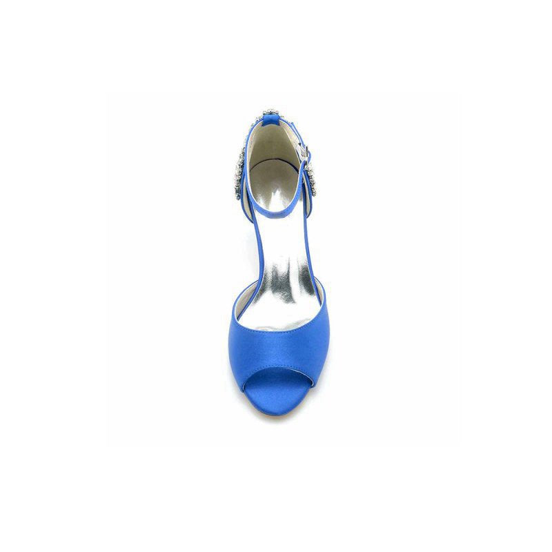 Satin Ankle Strap Rhinestone Chunky Heels