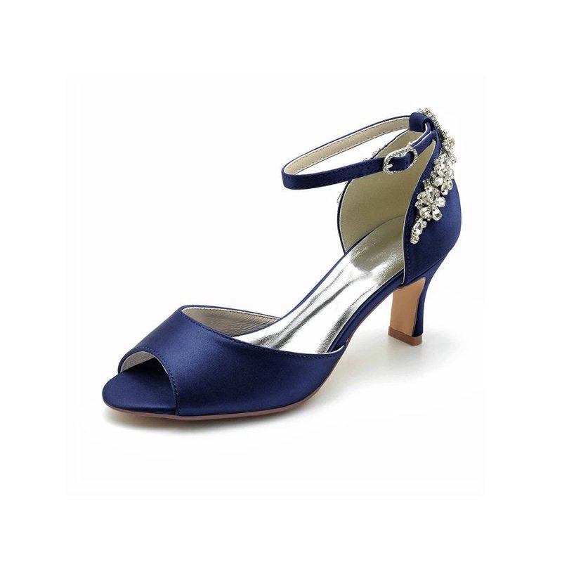 Satin Ankle Strap Rhinestone Chunky Heels