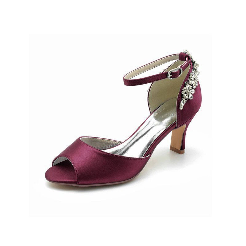 Satin Ankle Strap Rhinestone Chunky Heels