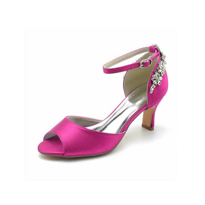 Satin Ankle Strap Rhinestone Chunky Heels
