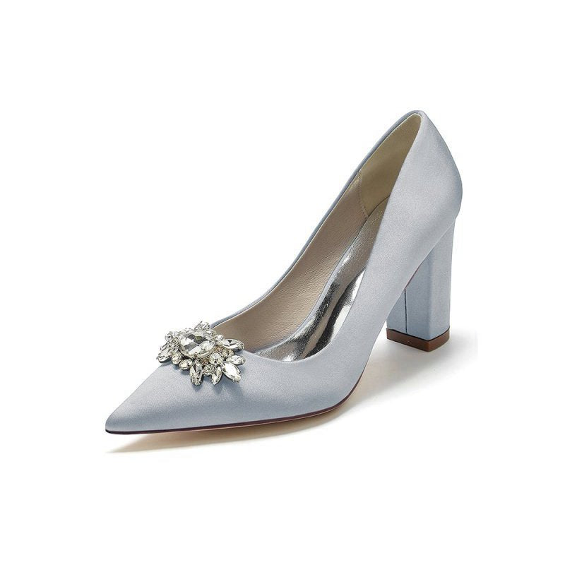 Pointed Toe Chunky Heels with Rhinestone