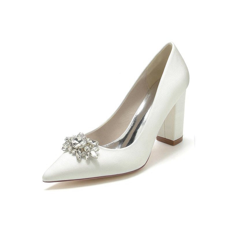 Pointed Toe Chunky Heels with Rhinestone