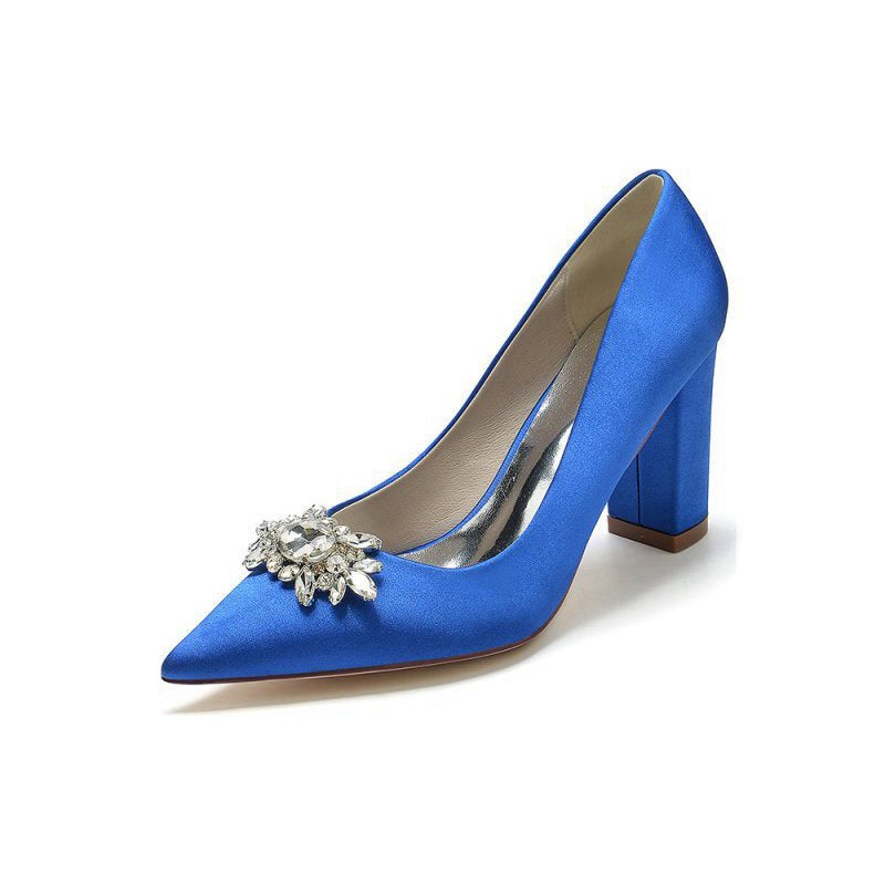 Pointed Toe Chunky Heels with Rhinestone