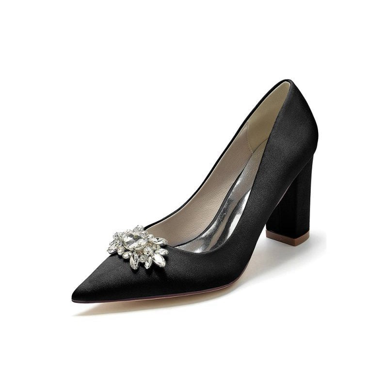 Pointed Toe Chunky Heels with Rhinestone