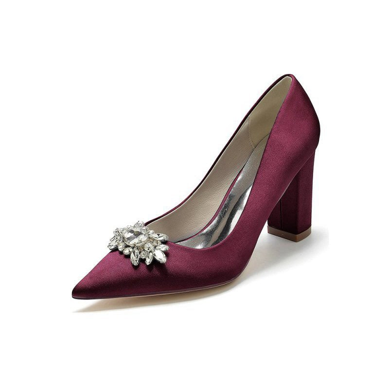 Pointed Toe Chunky Heels with Rhinestone