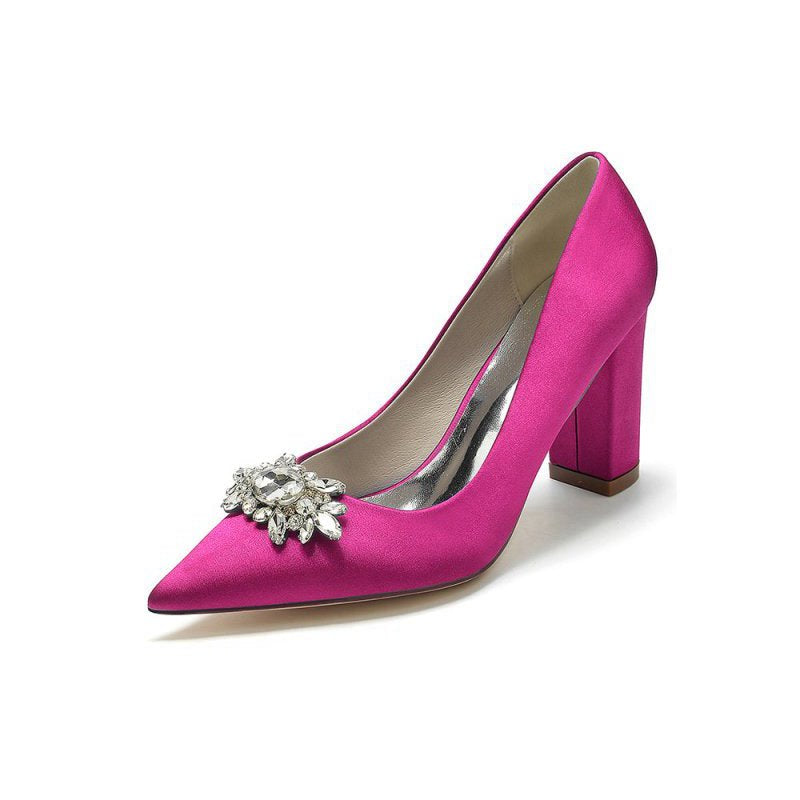 Pointed Toe Chunky Heels with Rhinestone