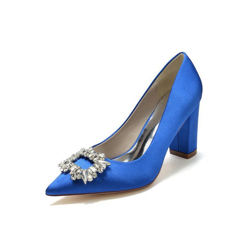 Pointed Toe Block Heels with Rhinestone