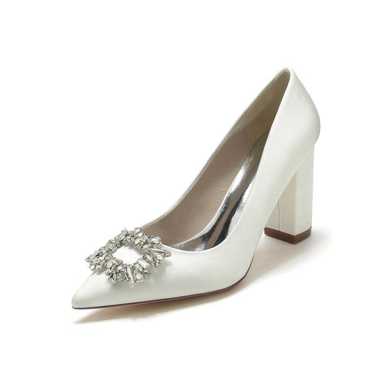 Pointed Toe Block Heels with Rhinestone