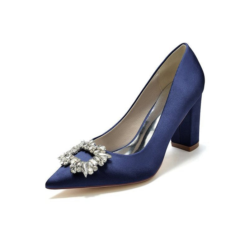 Pointed Toe Block Heels with Rhinestone