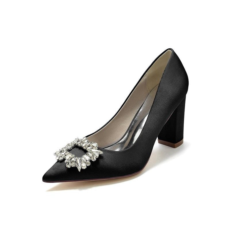 Pointed Toe Block Heels with Rhinestone