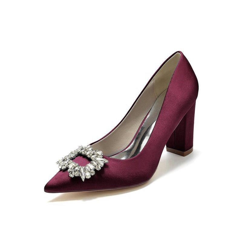 Pointed Toe Block Heels with Rhinestone