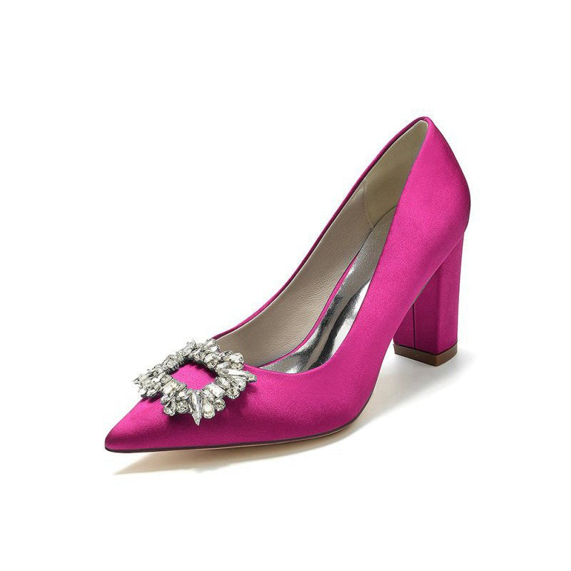 Pointed Toe Block Heels with Rhinestone