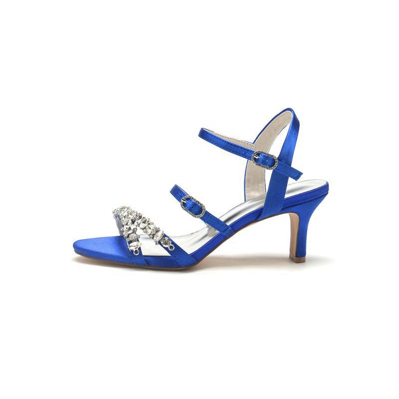 Open Toe Chunky Heels with Rhinestone