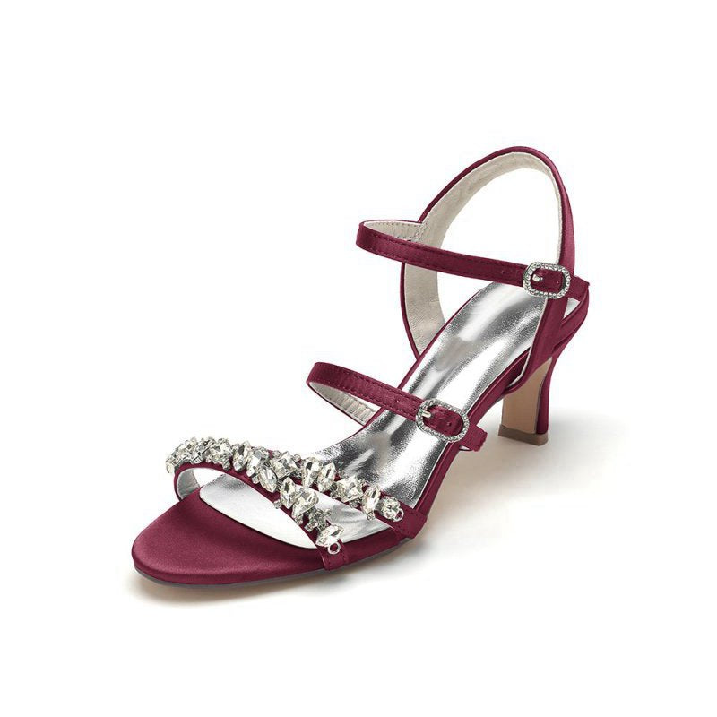 Open Toe Chunky Heels with Rhinestone