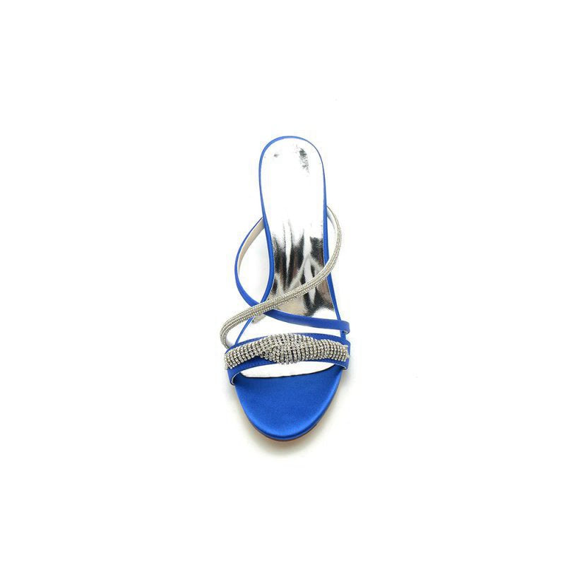 Open Toe Block Heels with Rhinestone