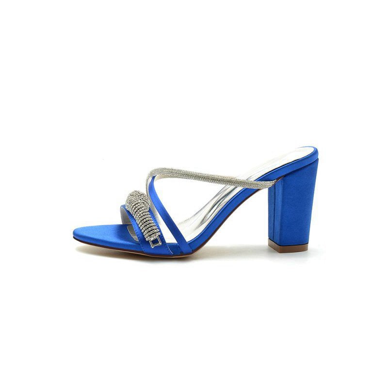 Open Toe Block Heels with Rhinestone