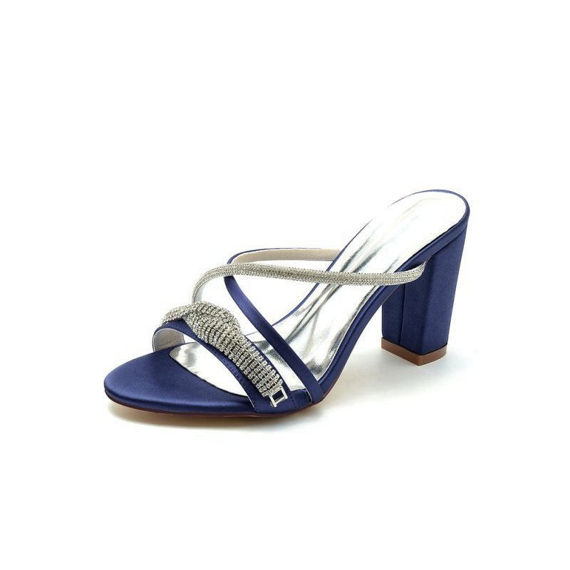 Open Toe Block Heels with Rhinestone