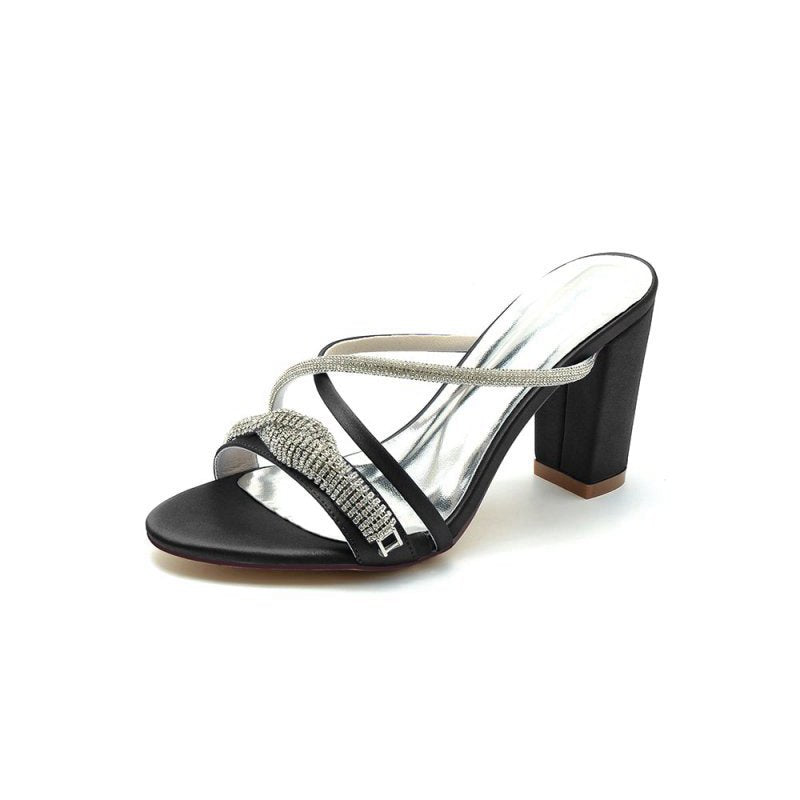Open Toe Block Heels with Rhinestone